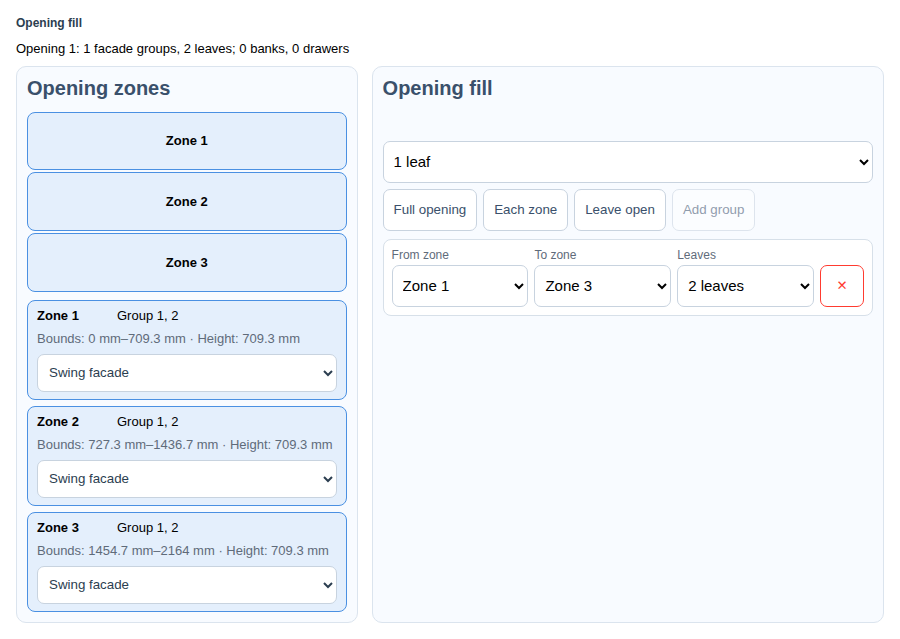 Real MebelCalc capture: Zones and front group