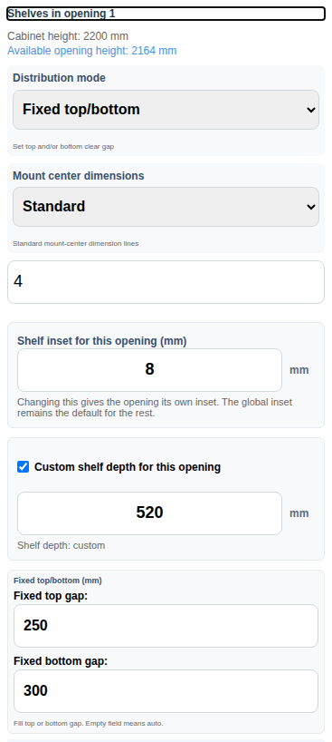 Real MebelCalc capture: Shelf settings for one opening