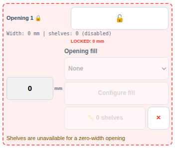 Real MebelCalc capture: Edge opening at 0 mm