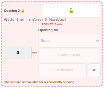Real MebelCalc capture: Internal opening at 0 mm